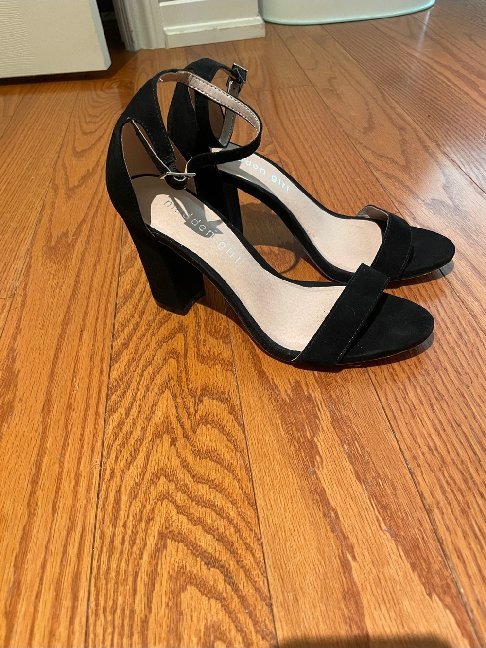 Madden Girl Black Suede Ankle-Strap Block Heel Sandals